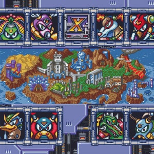 May include: A pixelated map of a video game world with a blue ocean, green islands, and various buildings. The map is surrounded by a blue and purple frame with eight character portraits in squares. The portraits are of robots with different colors and designs. The text "X" is in the center of the top row.