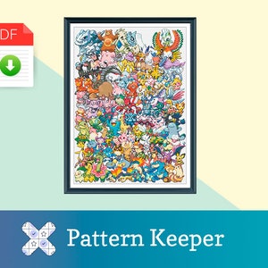 Puede incluir: Un patrón de punto de cruz colorido con una variedad de personajes de Pokémon, incluyendo Pikachu, Charmander, Bulbasaur, Squirtle y muchos más. El patrón está enmarcado en un marco negro y está listo para ser cosido.