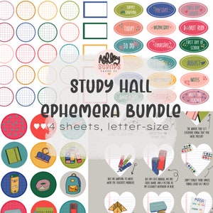 May include: A set of colorful printable stickers for a study hall themed planner. The stickers feature various designs including a donut, a backpack, a book, and a teacher's desk. The text "STUDY HALL EPHEMERA BUNDLE" is featured in the center of the image. The text "4 sheets, letter-size" is also featured in the image.