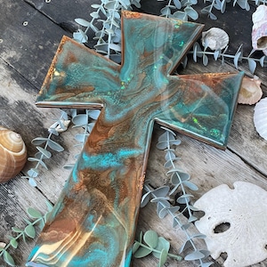Coastal Resin Cross Wall Art | Christian Home Decor | Faith Gift | Handmade Religious Wall Hanging | Neutral Baptism or Easter Gift
