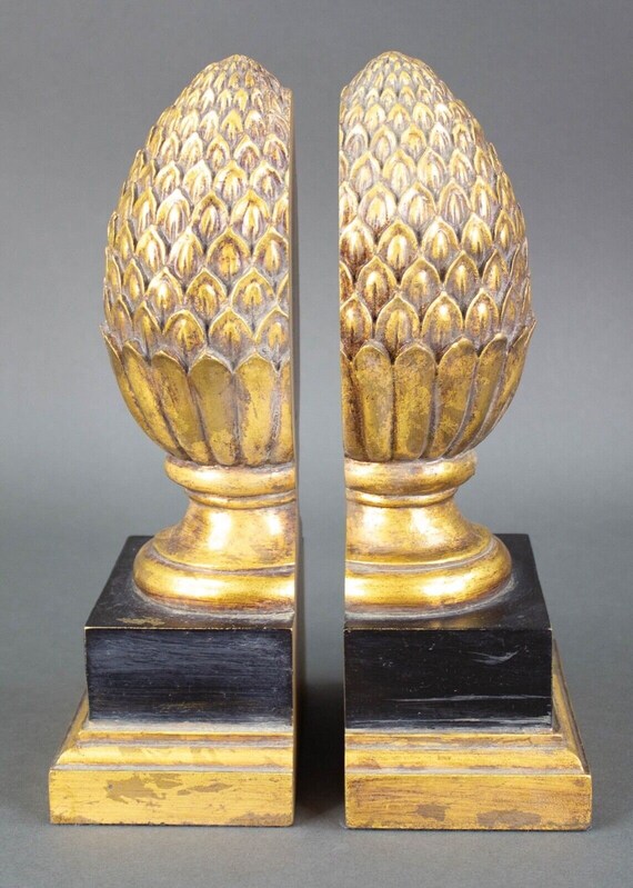 Pair Of Carved Wood Pineapple Bookends Gold & Black S… Gem