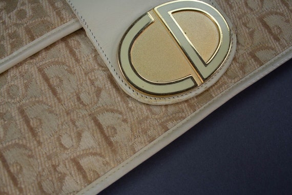 Christian Dior Vintage Monogram Canvas Fold Over Clutch Bag Beige Cream Gold