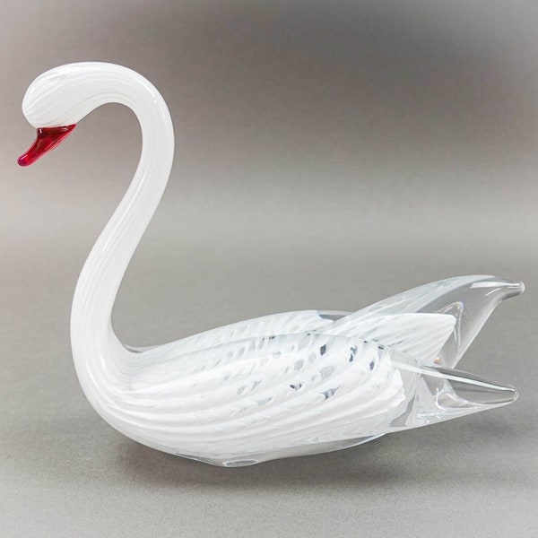 Marcolin Sweden Signed FM Ronneby Art Glass White Swan Bird Figurine Red Beak 8"