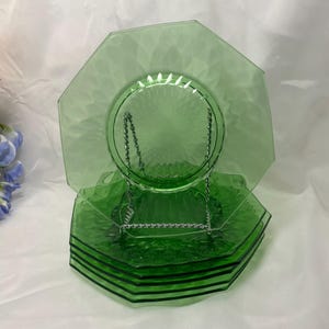 Vintage or Antique Fenton Diamond Optic Green Uranium Glass Salad Plates, set of 6
