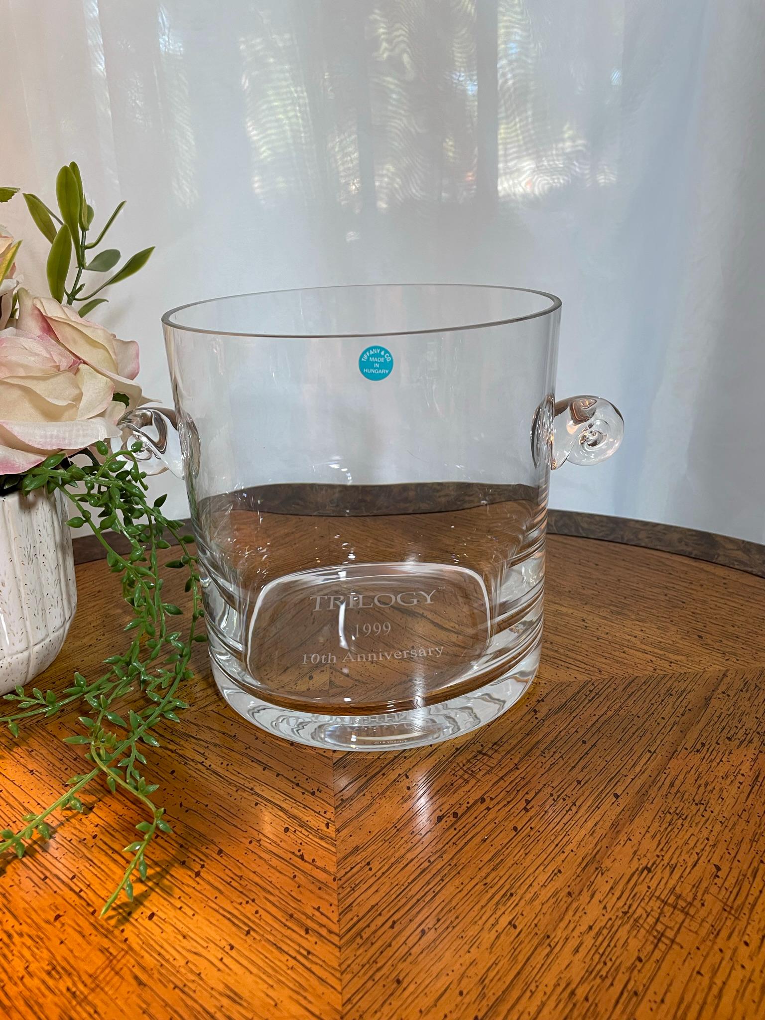 Vintage Tiffany & Co Scroll Handle Crystal Ice Bucket Engraved "Trilogy"