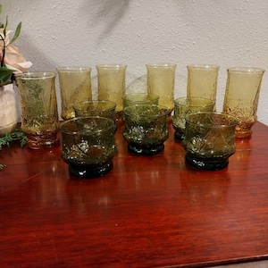 Vintage Anchor Hocking Rainflower Yellow Amber and Avocado Green Large Iced Tea Tumblers and Small Juice Glasses, 6 each (12pc total)