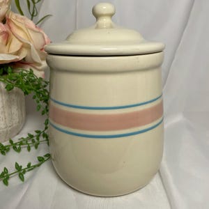 Vintage McCoy Pottery Pink and Blue Striped Medium Canister