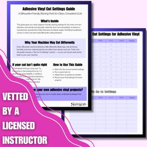 May include: A guide titled "Adhesive Vinyl Cut Settings Guide" with text and a table. The guide provides beginner-friendly settings for adhesive vinyl brands. The guide is vetted by a licensed instructor and includes a "My Go-To Settings" section.