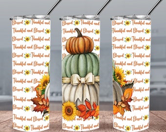 Sunflower Pumpkin Cup Design. Thankful and Blessed background for  Glass water bottle and tumbler PNG. Fall PNG.