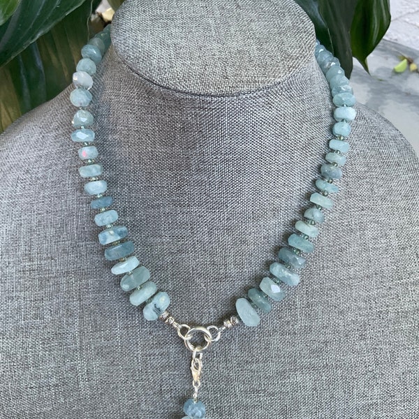 Aquamarine necklace, 18 inch hand beaded necklace, aquamarine faceted rondelle stone necklace, gift for Mother’s Day, sterling silver aqua