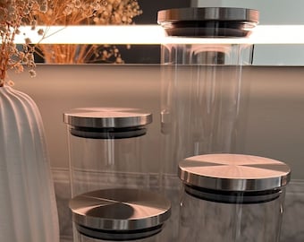 Set of 5 Glass Jars - Set of 5 Glass Kitchen Canisters with stainless steel Lids - Storage Jars for Kitchen - best sellers