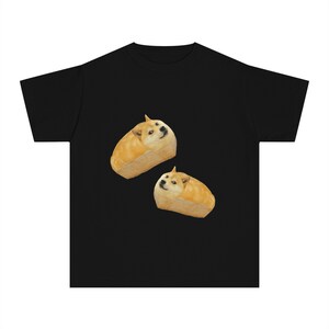 May include: Black t-shirt with a graphic of two Shiba Inu dogs in the shape of bread.