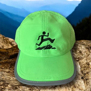 RusticPeak  Hat: Lightweight Reflective Running Cap with Embroidered Runner & Mountains Design *back in stock*
