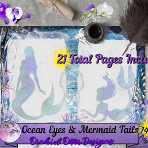 May include: A digital paper pack with 21 pages featuring ocean-themed illustrations. The pack includes mermaid silhouettes with ocean eyes and mermaid tails. The text "Ocean Eyes & Mermaid Tails 14+ pages" is displayed on a purple banner.