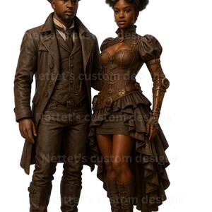 Coppia afroamericana steampunk in 3D in formato PNG / Arte vittoriana afro urbana / Clipart trasparente 8K / Download stampabile ad alta risoluzione per magliette