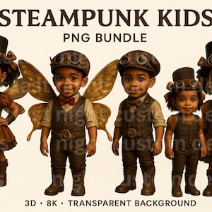 Steampunk schwarze Kinder PNG-Bundle | 3D Afroamerikaner Clipart | Boy & Girl Urban Fairy T-Shirt Sublimation | 8K transparenter Hintergrund