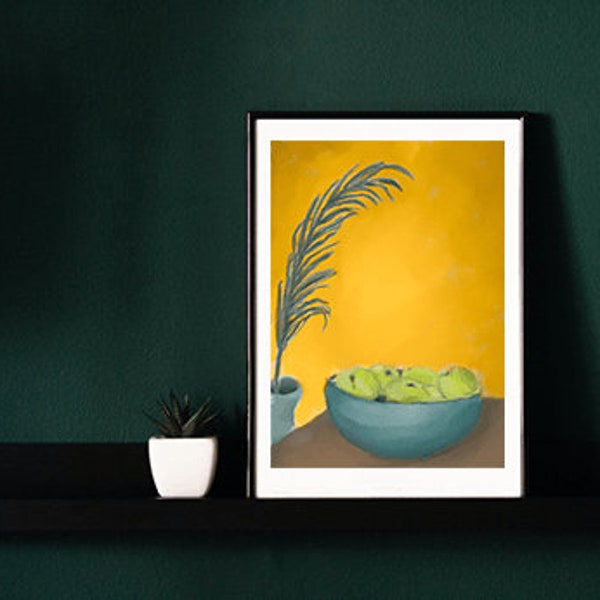 Digital Download Painting Fern and Apples Bohemian Still Life Art