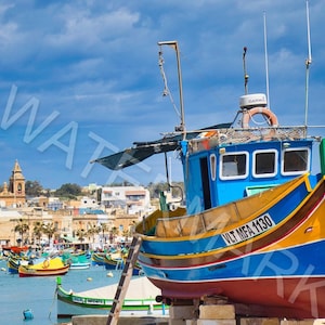 Colorful Malta Boat Wall Art | Marsaxlokk Fishing Village Print | Coastal + Mediterranean Photo (Digital)