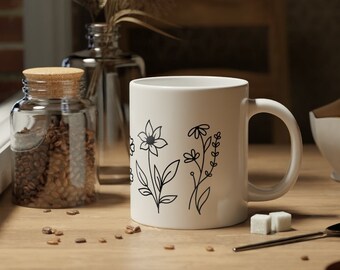 Botanical Minimalistic Coffee Mug, Simple Black Line Flowers Motif Mug, Housewarming Gift Idea, Nature Lover 20 oz. Mug