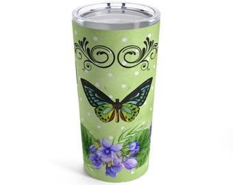 Butterfly and Violet Hot/Cold Drink Tumbler, Nature Lover Tumbler, Steel 20 oz Tumbler, Botanical Drink Cup With Lid