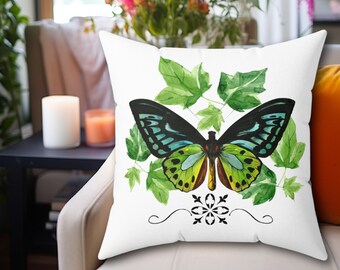 Vibrant Butterfly Pillow with Ivy Leaves, Green And Blue Butterfly Pillow, Nature Lovers Pillow, Home Decor Pillow, Housewarming Gift