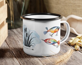 Fishing Lures Enamel Camping Cup, Great Outdoors Colorful Fishing Lures Coffe Mug, Sport Fishing Gift, Two Lure Cattail Design