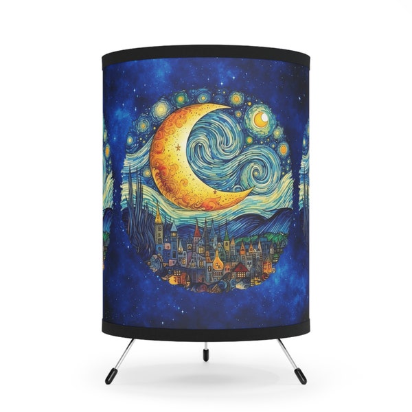 Celestial Moon and Stars Tabletop Lamp, Old World Night Time City Scape Nightlight, Celestial Bedroom Nightstand Lamp,