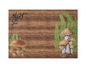 Farmhouse Mushrooms and Ferns on Wood Grain Vibe Glass Cutting Board, Earthy Glass Kitchen Cutting Board, Rustic Mushroom Serving Tray