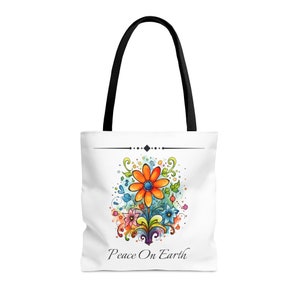 Peace On Earth Boho Floral Canvas Tote Bag, Hippy Peace Book Bag, Inspirational Peace On Earth Shopping Bag,
