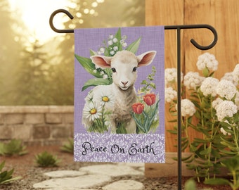 Floral Spring Lamb Flag, Easter Holiday Decor, Farm Animal Lawn Flag, Peace On Earth Saying, Housewarming Gift Idea