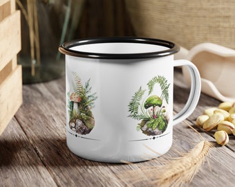 Mushrooms And Ferns Enamel Camping Cup, Nature Inspired Metal OutDoor Cup, Outdoorsman Gift, Nature Lover Gift