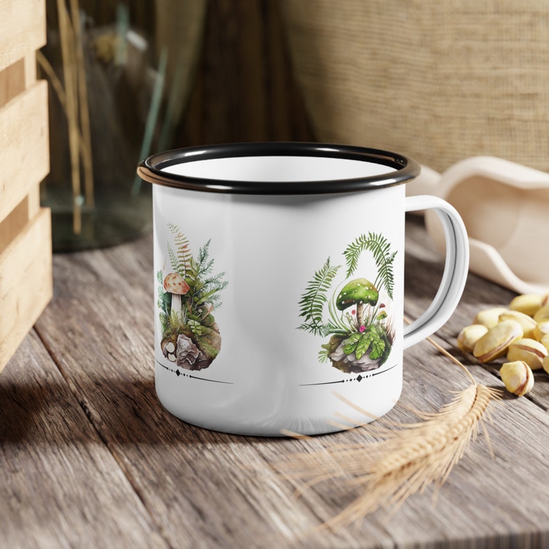 Mushrooms And Ferns Enamel Camping Cup, Nature Inspired Metal OutDoor Cup, Outdoorsman Gift, Nature Lover Gift image 1
