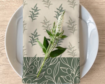 Sage Green & Olive Leaves 4 Piece Napkin Set, Earthy Farmhouse Year Round Decor, Housewarming Gift Idea