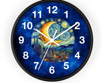 Celestial Moon and Stars Old World Town Clock, BoHo Night Sky Cityscape, Whimsical Crescent Moon Clock, Kids and Teens Room Clock