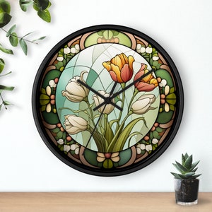 Botanical Round Wall Clock, Wall Clock With Stained Glass White And Orange Tulips, Three Frame Color Choices