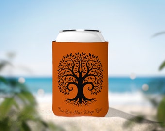 Wedding Favor Tree Silhouette Can Cozy, 12oz. Soda Can Sleeve, Groomsman Crew Gift, Nature Lover Can Cozy, True Love Has Deep Roots
