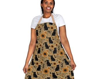 Fall Season Black Cat and Sunflower Apron, Autumn Feline and Flowers Kitchen Smock, Gardeners Apron Gift Idea