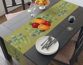 Apples and Oranges Table Runner, Fruit and Leaves Table Runner, Botanical Polyester Table Runner with Fruit Theme,  Fruit Tablecloth