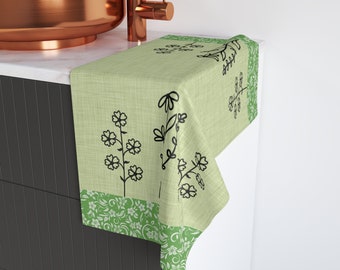 Green Floral Rustic Kitchen Dish Towel, Simple Flowers Farmhouse Hand Towel, Green Palette Themed Kitchen Decor, Housewarming Gift