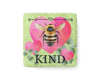 Bee Kind Bumble Bee Porcelain Frig Magnet, Pink Hearts Bumble Bee Magnet, Nature Inspired Gift