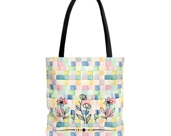 Floral Pastel Check Tote Bag, Canvas Grocery Bag, Spring Carryall For Teacher Or Student, Nature Lovers Gift Idea