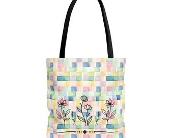 Sac fourre-tout floral à carreaux pastel, sac de courses en toile, sac de voyage printanier pour professeur ou étudiant, idée cadeau pour les amoureux de la nature