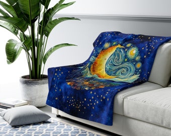 Cozy Lightweight Fleece Moon and Stars Throw Blanket, Whimsical Night Cityscape Blanket, Celestial Kids and Teens Room Decor