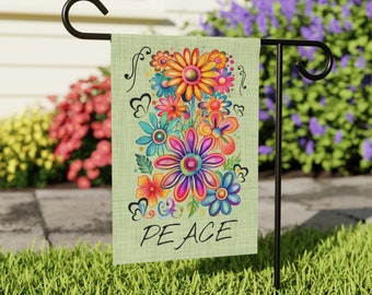 Groovy Floral Peace Lawn Flag, Colorful Boho Vibe Lawn Decor, Hippy Peace Yard Sign, Retro Entryway Flag, Houswarming Gift Idea