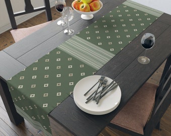 Sage Green Stripes And Diamond Table Runner, Elegant Year Round Polyester Sage Green Table Runner, Two Size Options