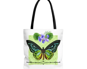 Butterfly and Violets Tote bag, Nature Inspired Bag, Butterfly Tote, Gardener Lovers Tote, Botanical Tote, Whimsical Tote Bag