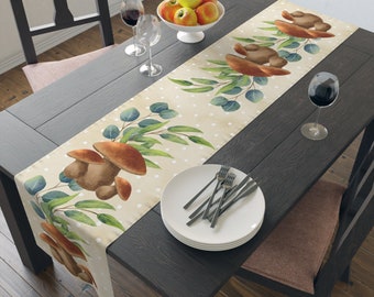 Mushroom and Leaves Table Runner, Botanical Tablecloth Runner, Farmhouse Style Tablecloth Runner,  Earthy Tablecloth, 2 Length Options