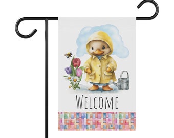 Duckling Flower Garden Flag, Baby Duck in a Raincoat, Welcome Flag Home Decor, Duck Lover Gift, Housewarming Gift