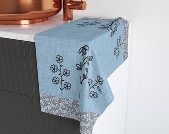 Blue Floral Rustic Kitchen Dish Towel, Simple Flowers Farmhouse Hand Towel, Blue Palette Themed Kitchen Decor, Housewarming Gift