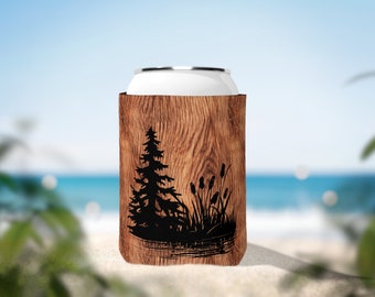 Woodgrain 12 oz Beer Can Sleeve, Woodland Soda Can Collapsible Cozy, Rustic Nature Inspired Coozie, Great Outdoors Camper Gift Idea